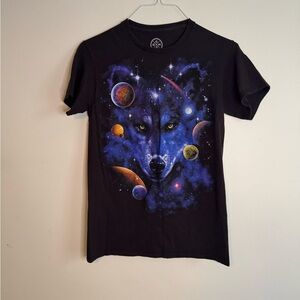 Black T-Shirt with Cosmic Wolf Design (S)